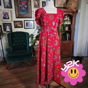 Vintage Y2K Yessica Red  Wheel Chain Print Maxi Dress Flutter Sleeve Square Neck